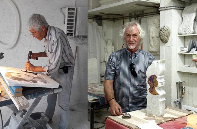 À gauche: Janis Strupulis, directeur artistique du Festival international des intellectuels et des artistes, crée son travail. Droite: Paul Huybrechts nous montre la sculpture qu’il a conçue.